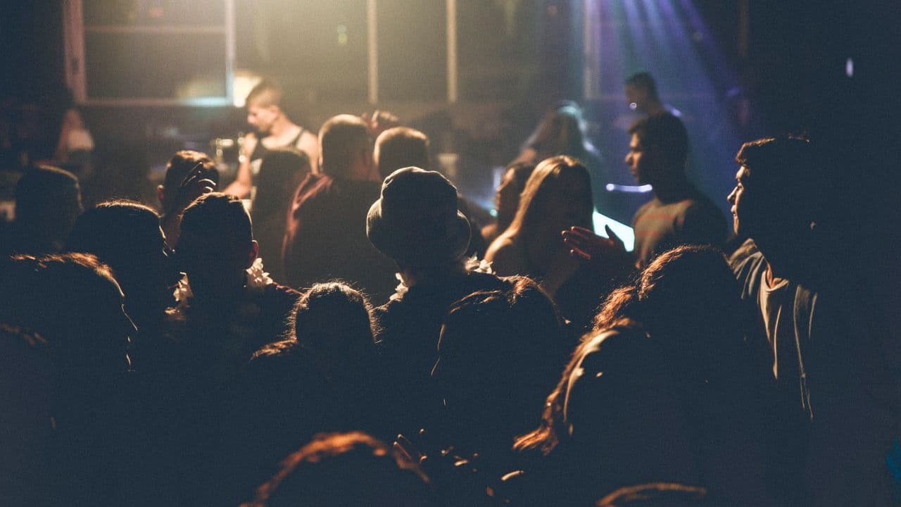Ambiance de concert nocturne, faisceaux lumineux au-dessus du public.