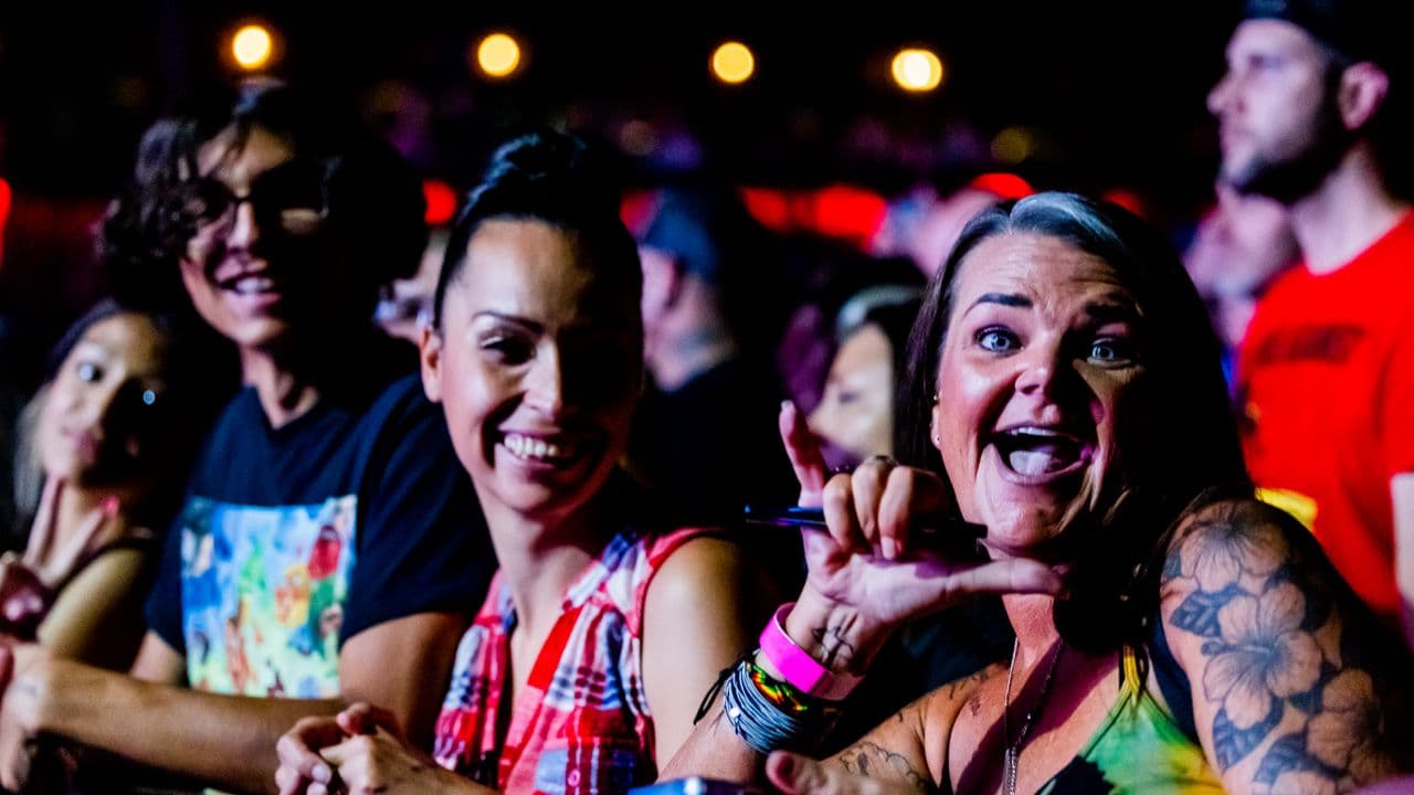 Spectateurs de dos face à une scène de concert baignée de lumière.